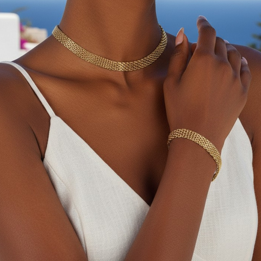 Wide Gold Necklace & Bracelet Set